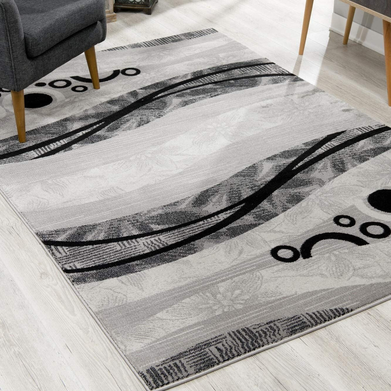 7 X 9 Gray And Black Abstract Waves Area Rug