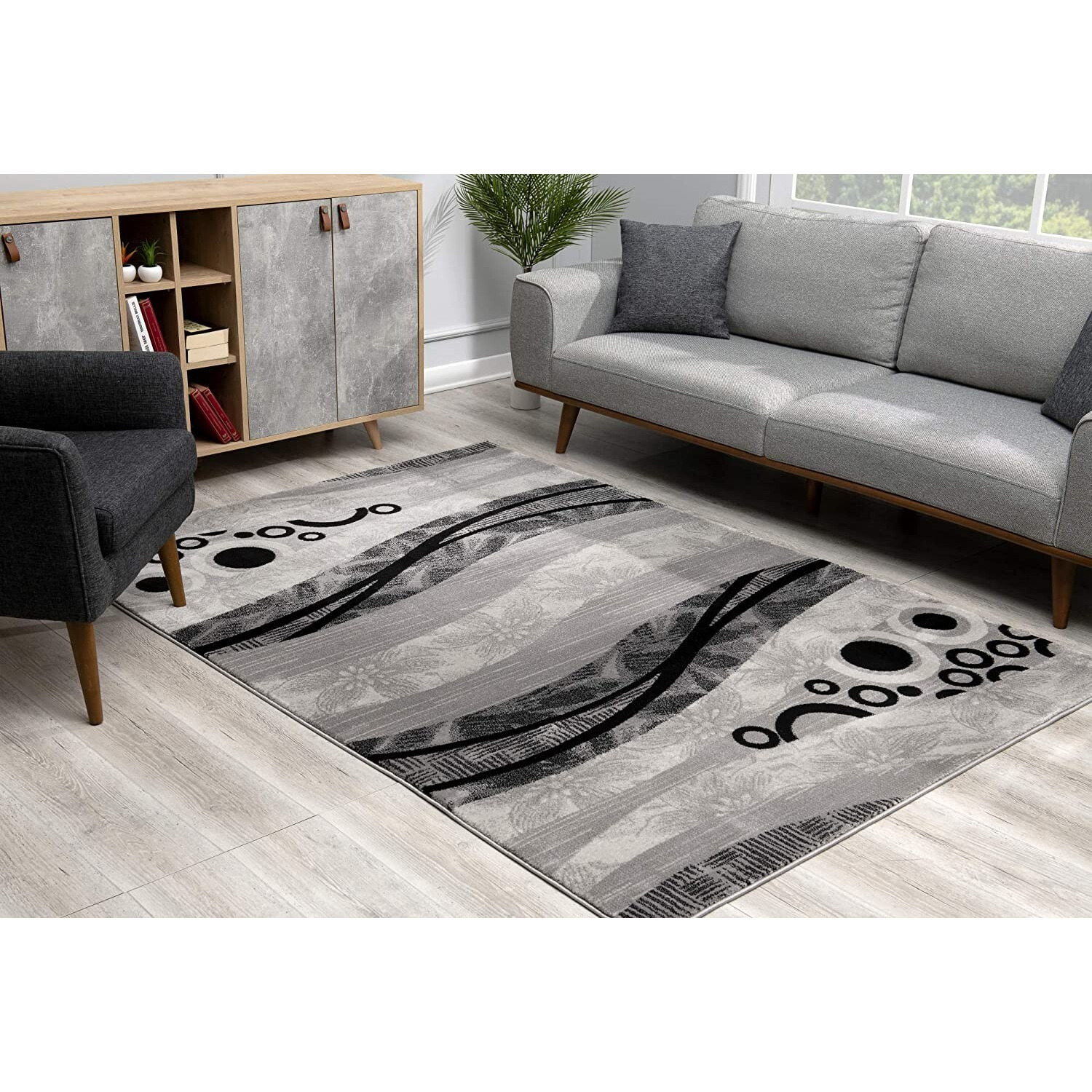 7 X 9 Gray And Black Abstract Waves Area Rug