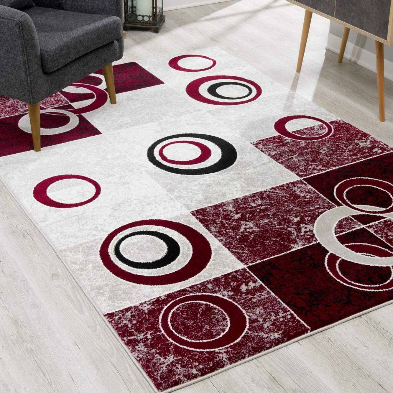 8 X 11 Red And White Inverse Circles Area Rug