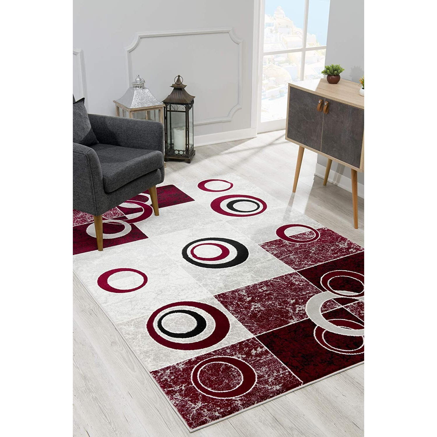 8 X 11 Red And White Inverse Circles Area Rug