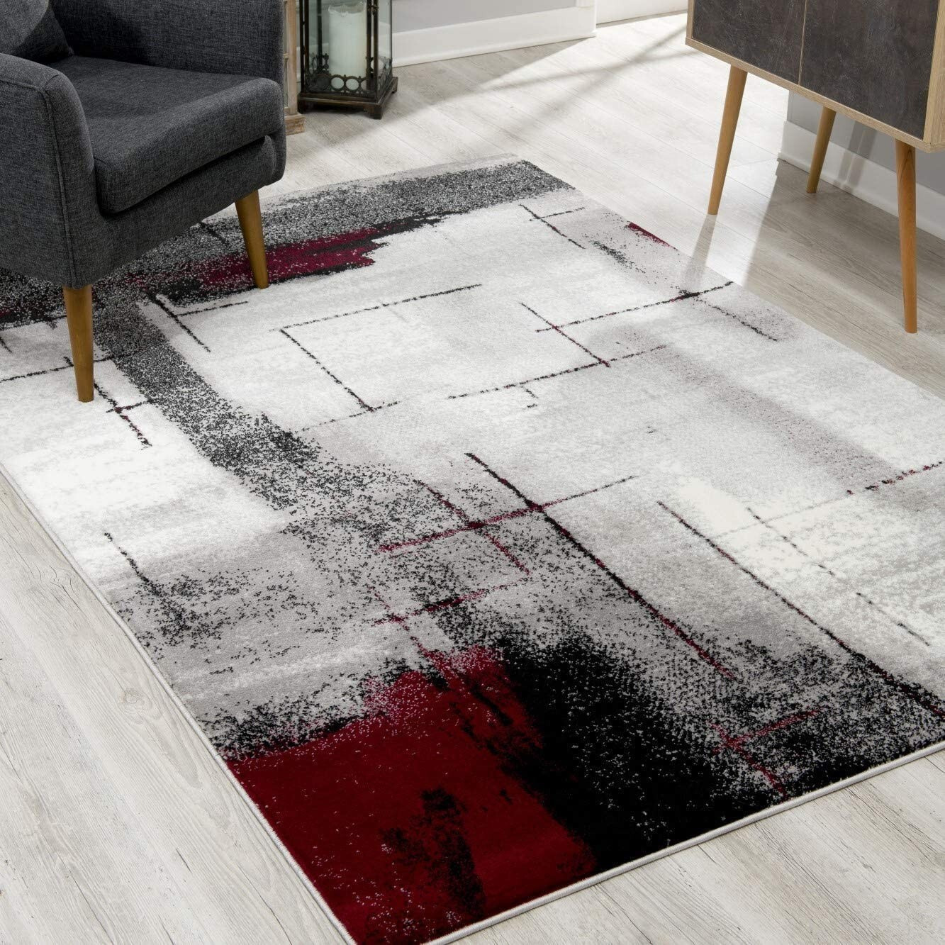 8 X 11 Gray And Burgundy Abstract Area Rug