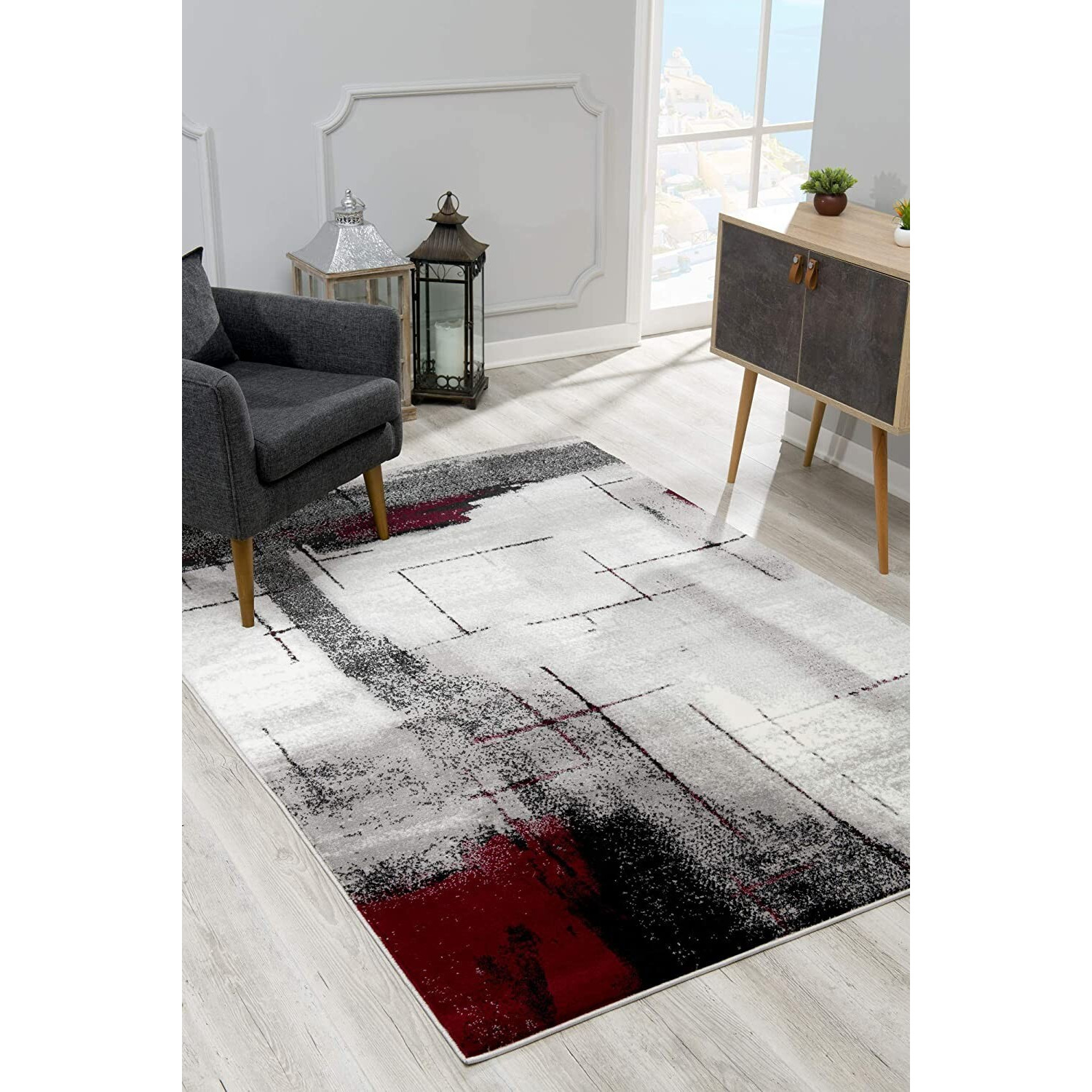 8 X 11 Gray And Burgundy Abstract Area Rug