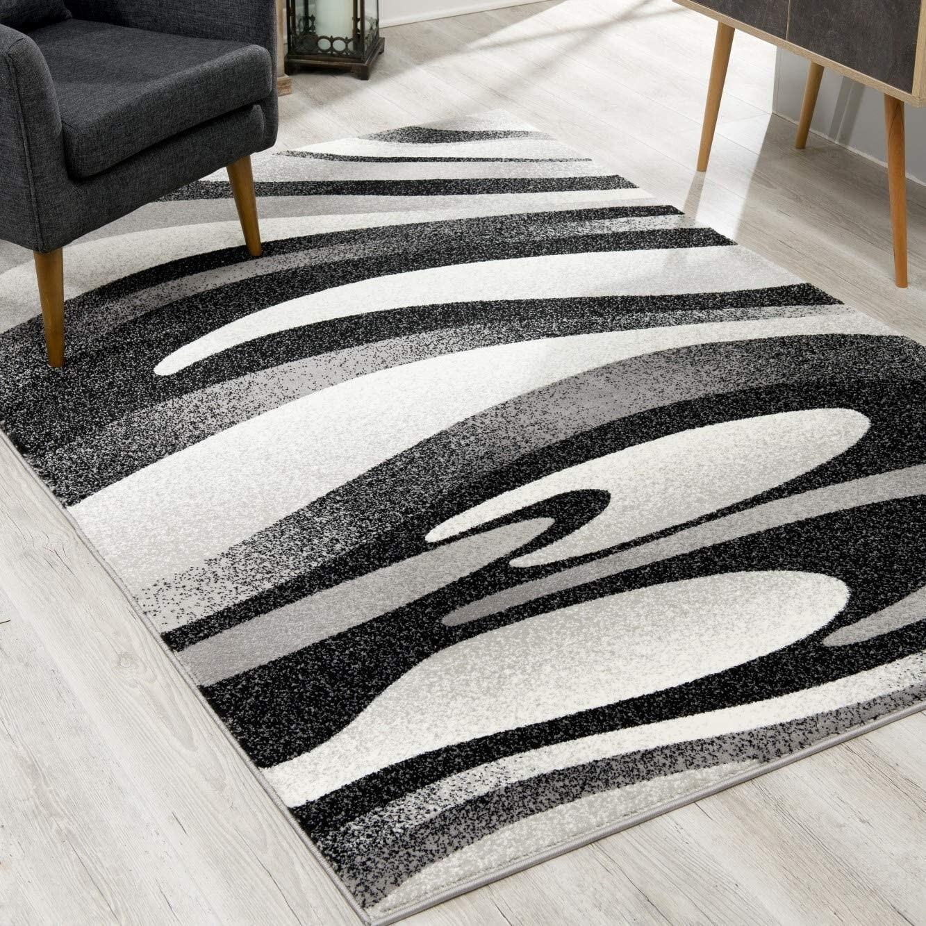 7 X 9 Black And Gray Abstract Marble Area Rug