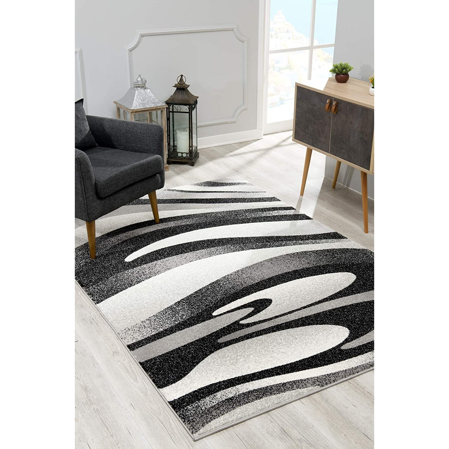 7 X 9 Black And Gray Abstract Marble Area Rug