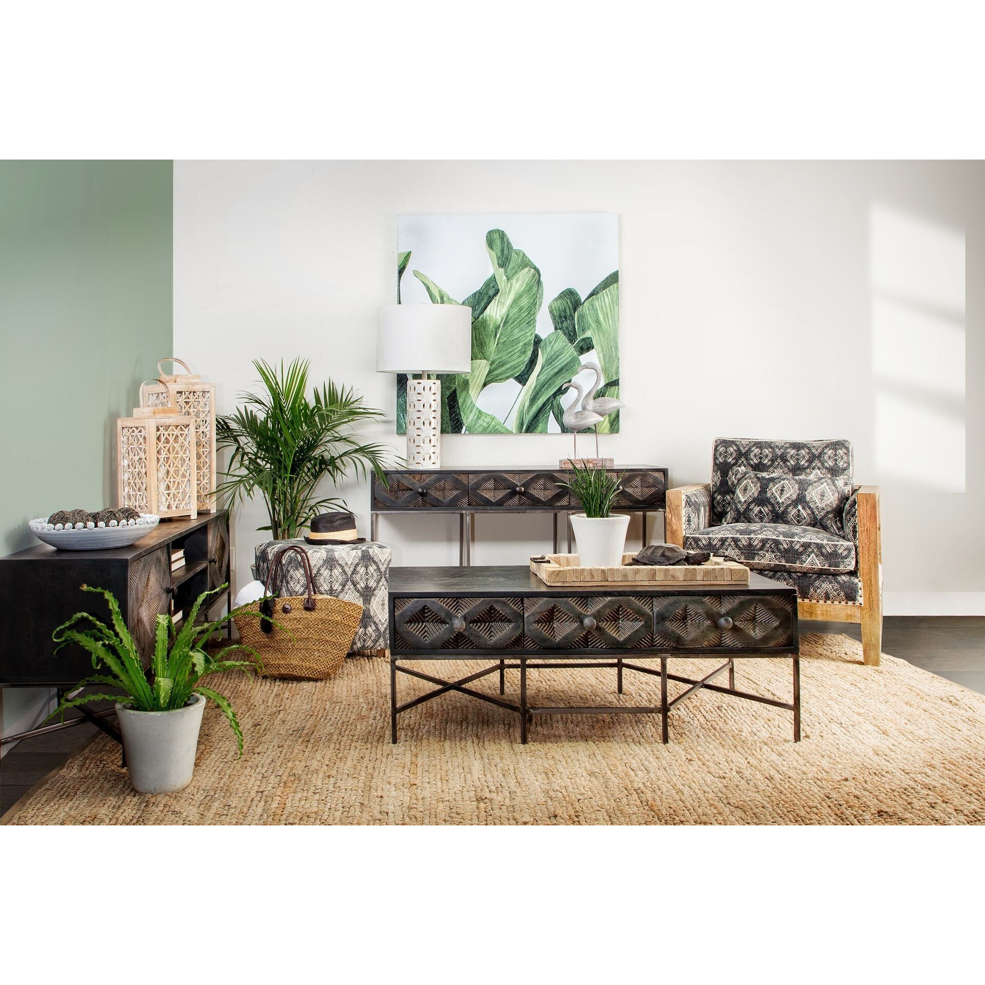 Patterned Fabric Covered Ottoman With Wooden Legs
