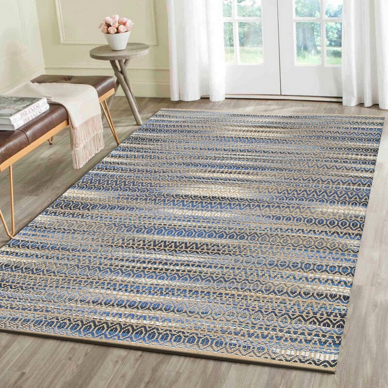 9 X 12 Round Navy And Tan Striated Area Rug