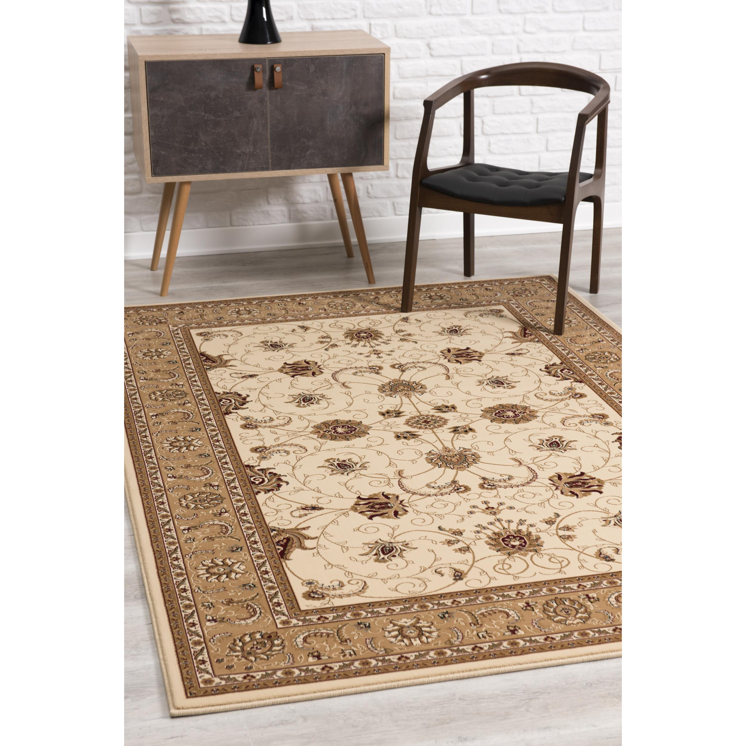 5 X 8 Cream And Tan Ornate Border Area Rug