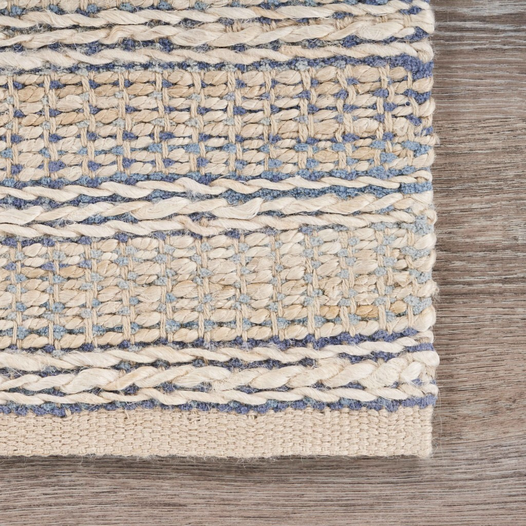 8 X 10 Blue And Cream Braided Jute Area Rug
