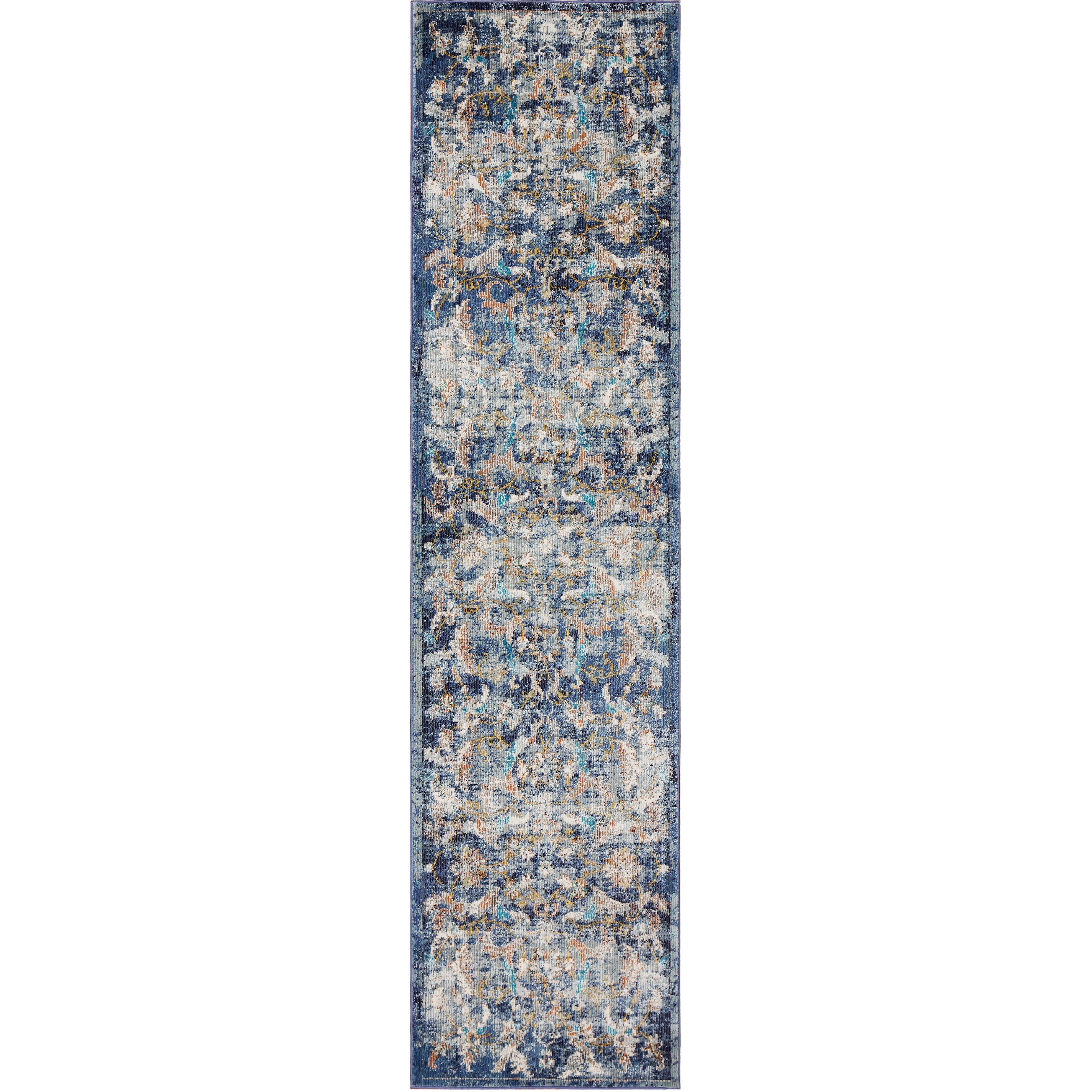 2 X 9 Blue And White Jacobean Pattern Runner Rug