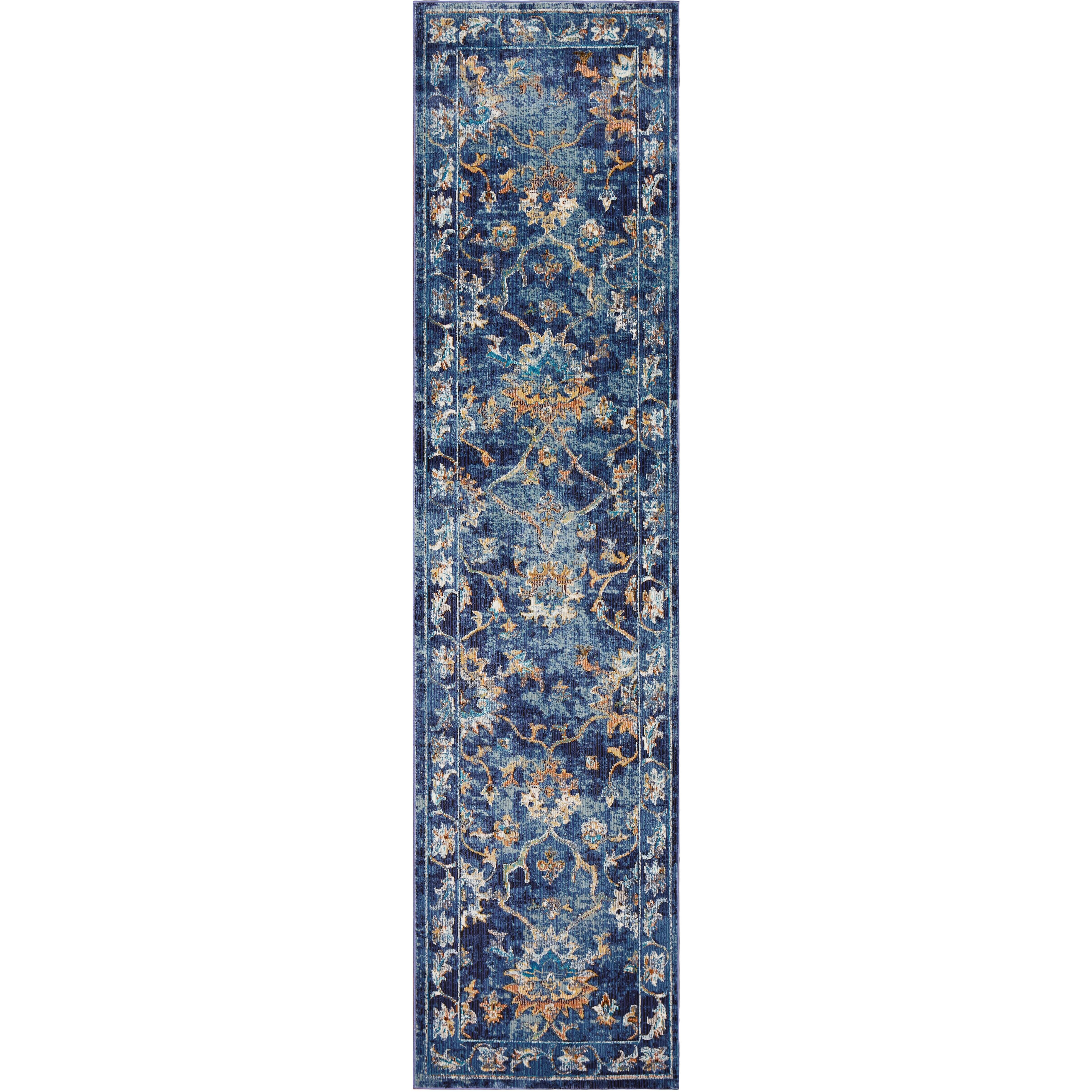 2 X 9 Blue And Gold Jacobean Runner Rug
