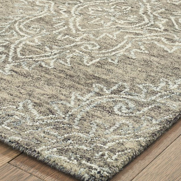 9 X 12 Khaki And White Damask Area Rug