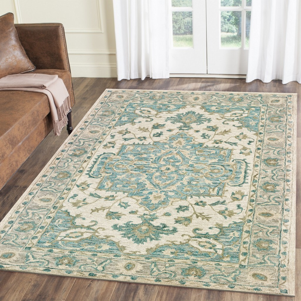 9 X 12 Turquoise And Cream Medallion Area Rug