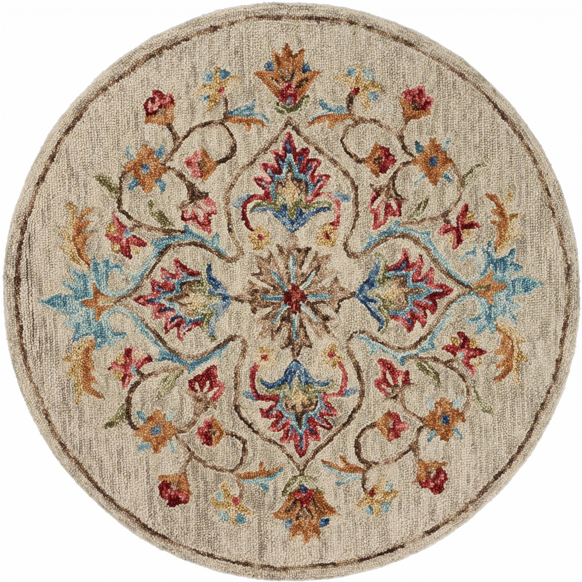 6 Round Beige Floral Medallion Area Rug