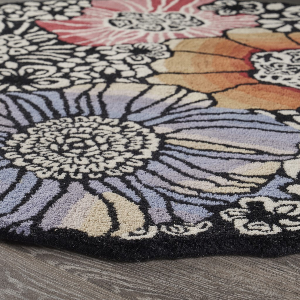 6 Round Red And Black Floral Blossom Area Rug