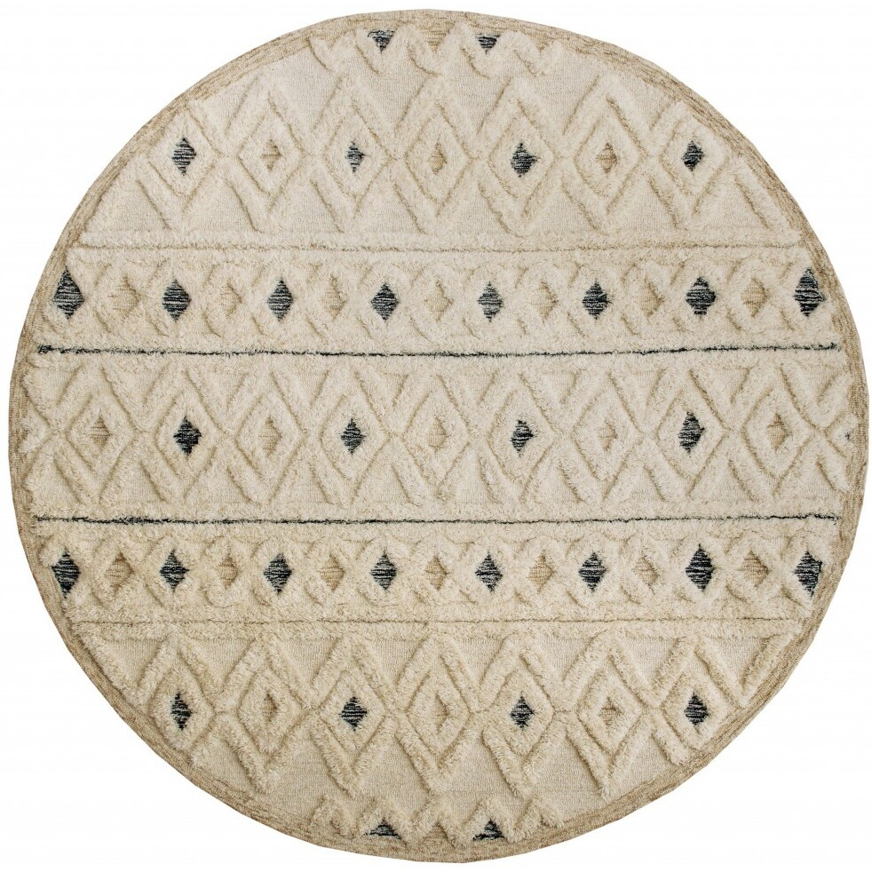 6 Round Cream And Blue Striped Diamonds Area Rug