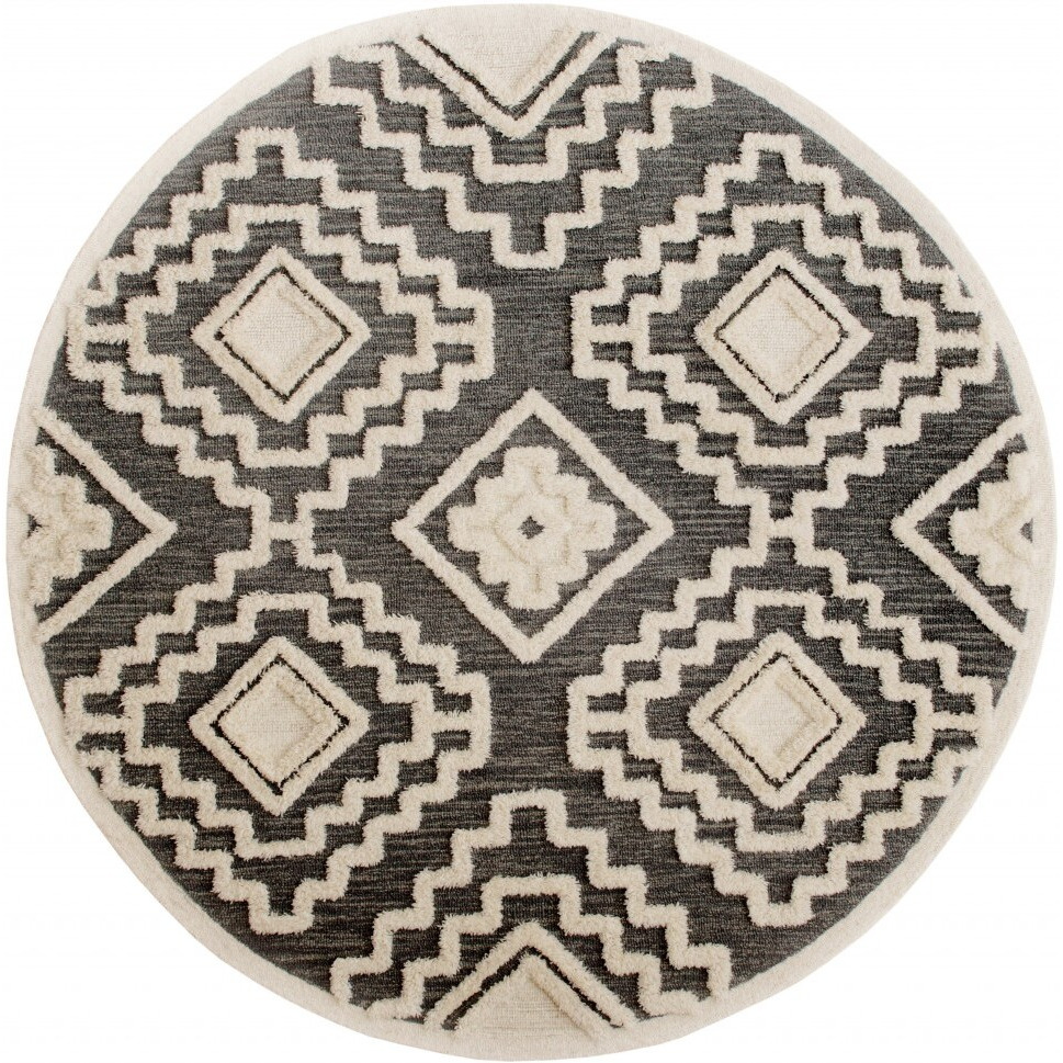 6 Round Gray And Cream Geometric Area Rug