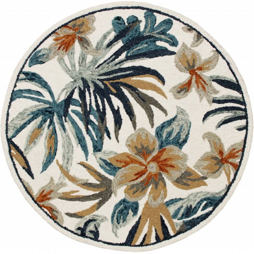 4 Round Blue And White Tropical Area Rug