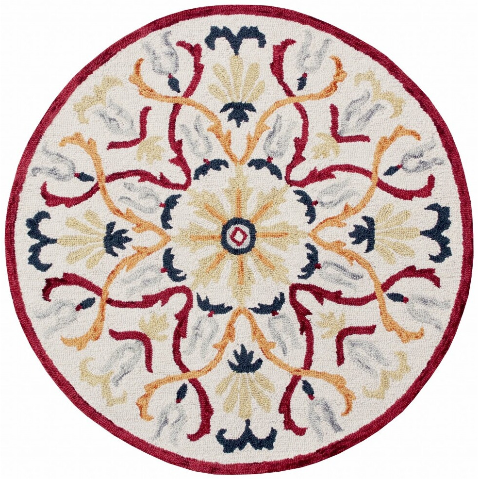4 Round Red And Ivory Floral Filigree Area Rug