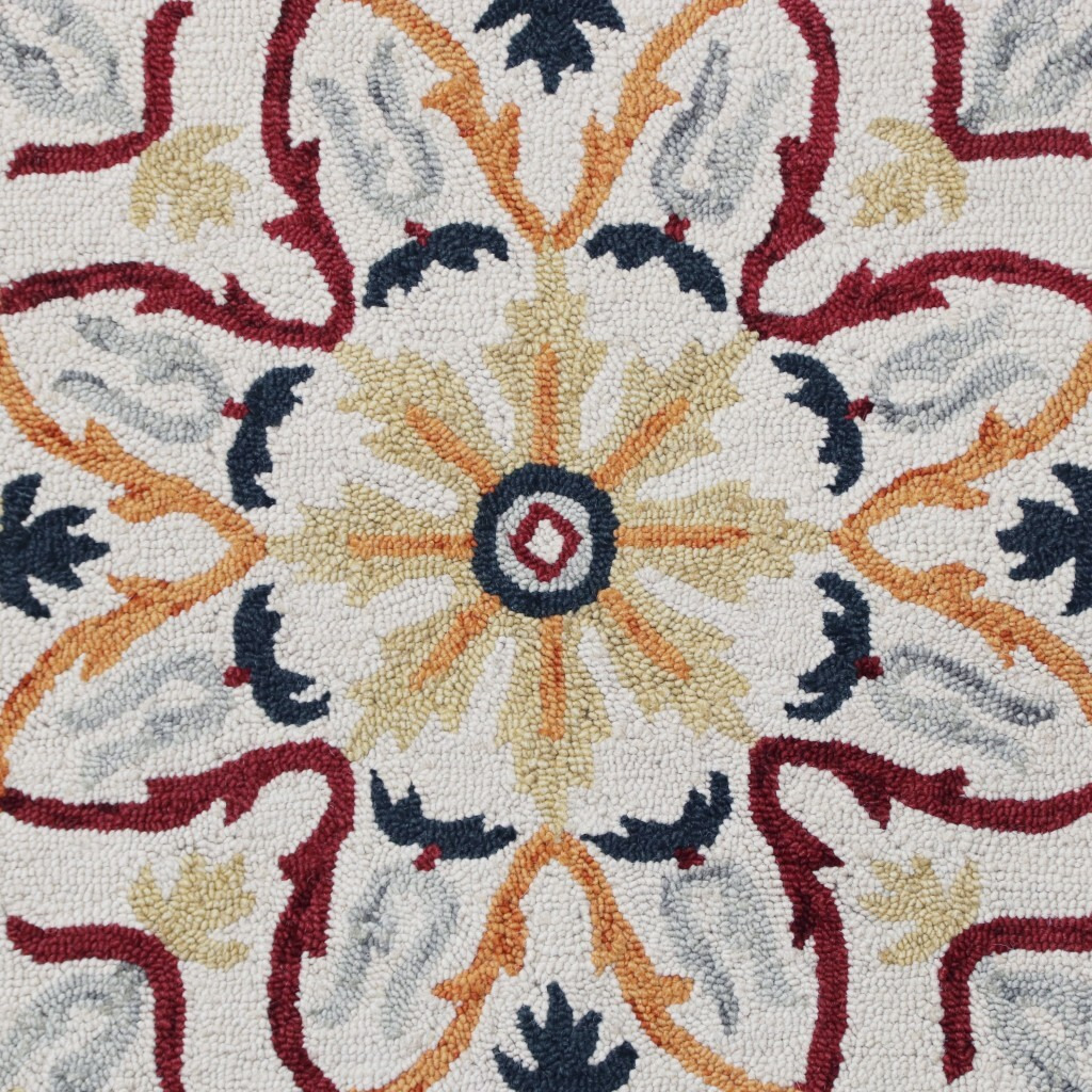 4 Round Red And Ivory Floral Filigree Area Rug
