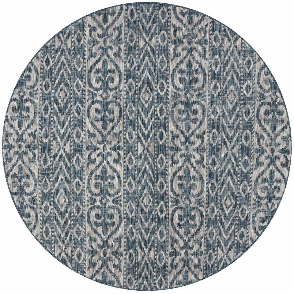 8 Round Blue Geometric Indoor Outdoor Area Rug