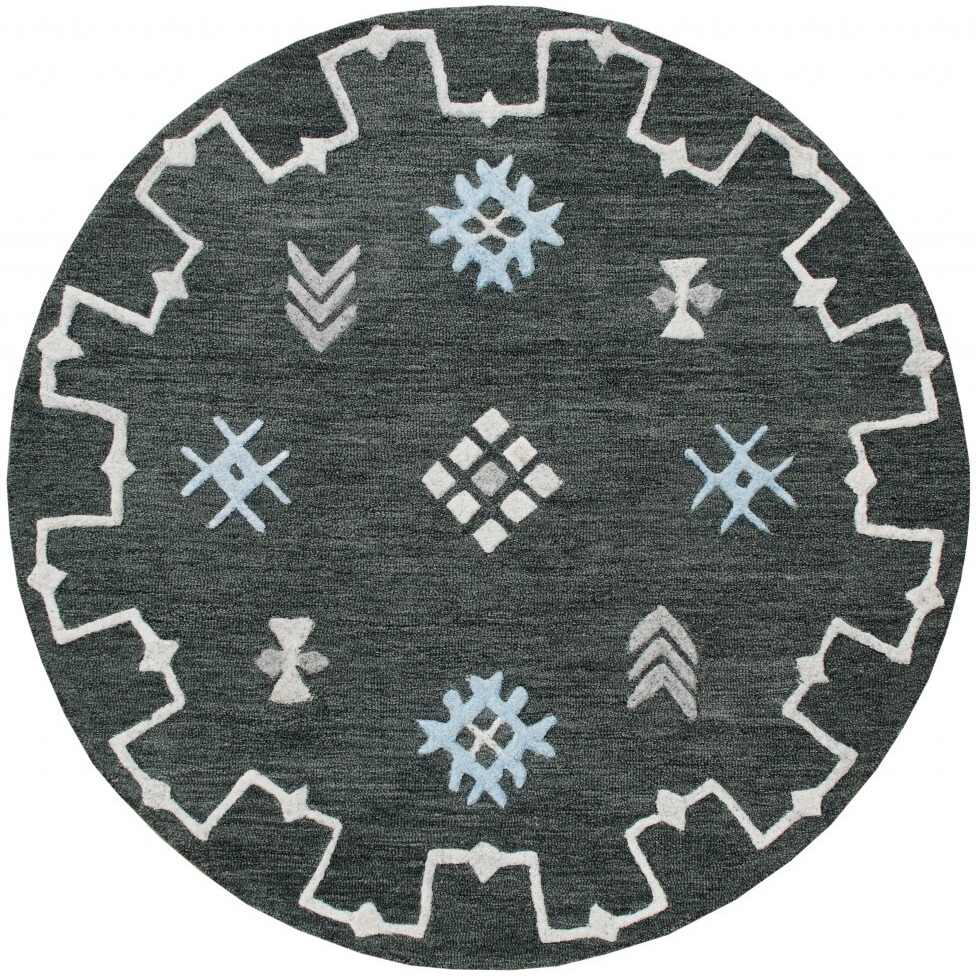 5 Round Charcoal Geometric Border Area Rug