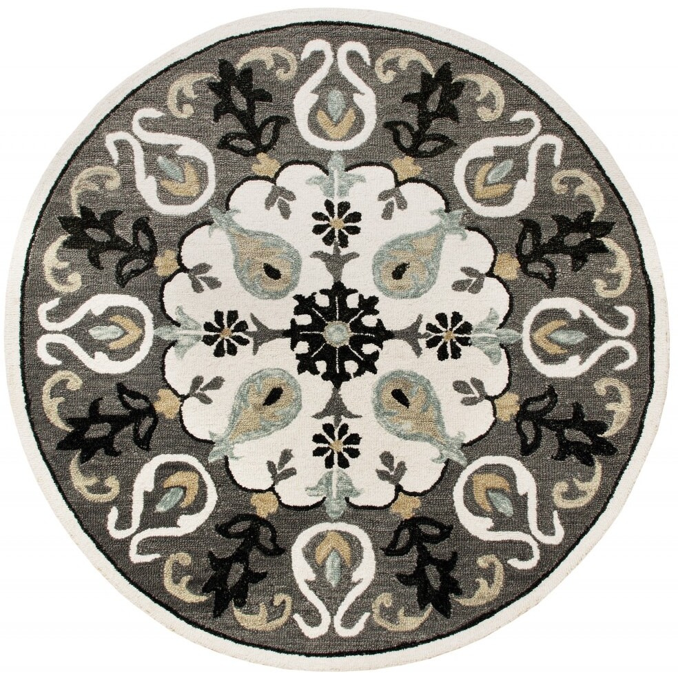 5 Round Gray And White Floral Medallion Area Rug