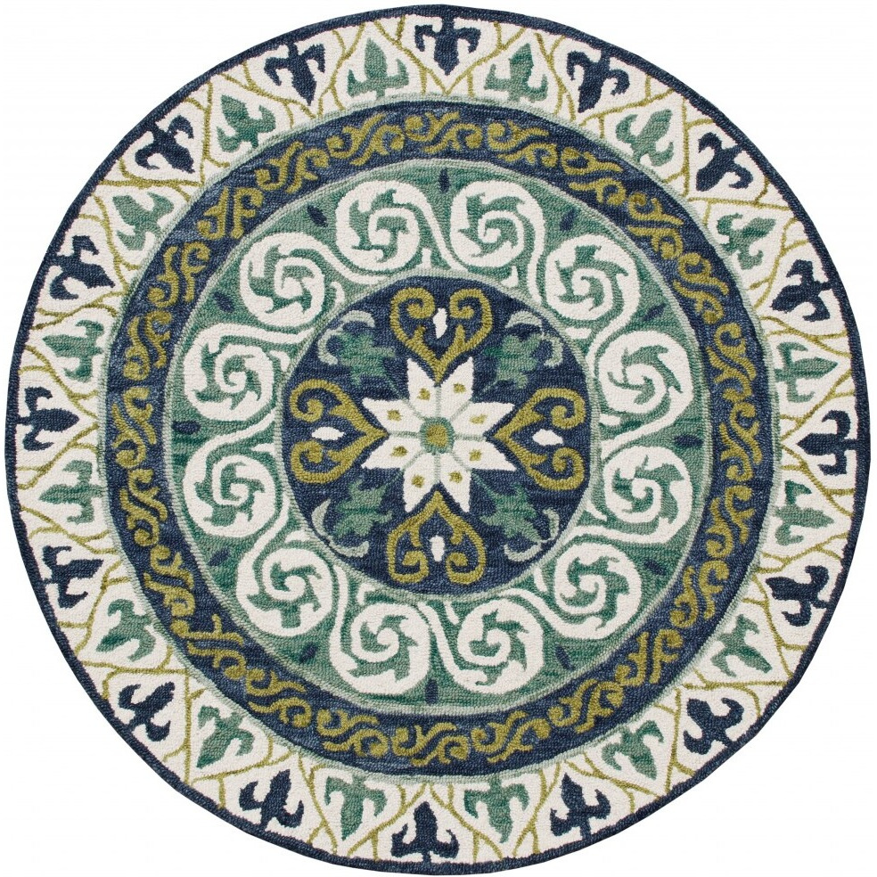 7 Round Blue And Green Ornate Medallion Area Rug