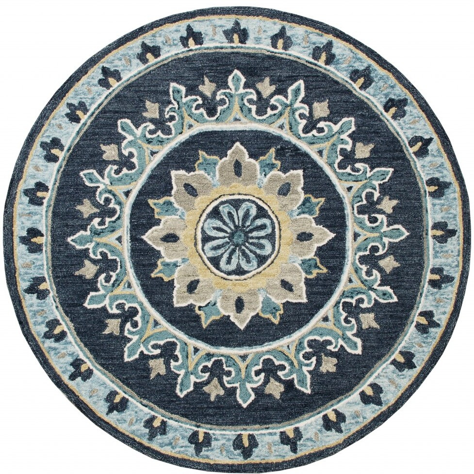 5 Round Blue Floral Medallion Area Rug