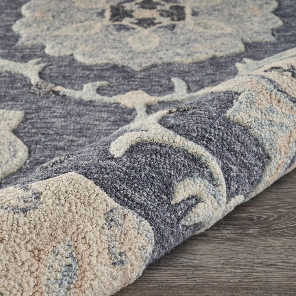 5 Round Gray Floral Trellis Area Rug