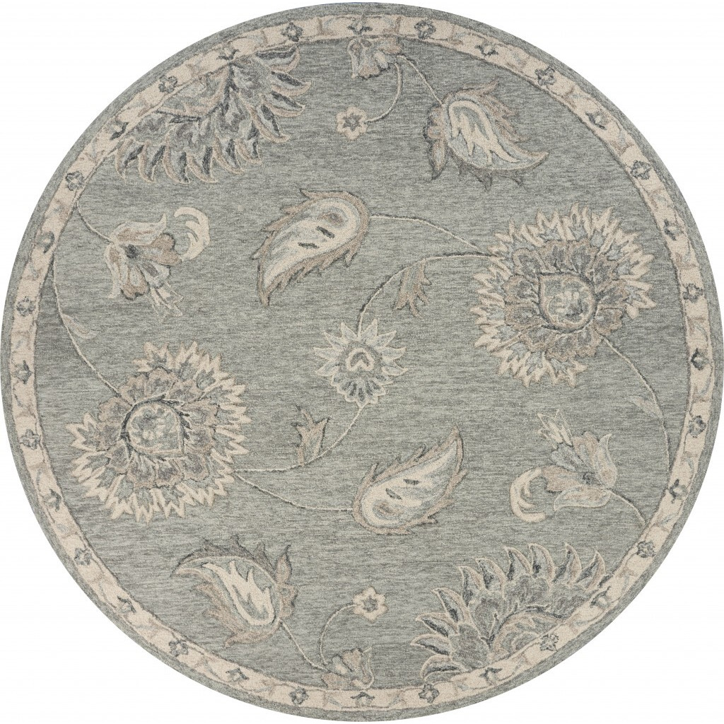 5 Round Light Gray Floral Area Rug