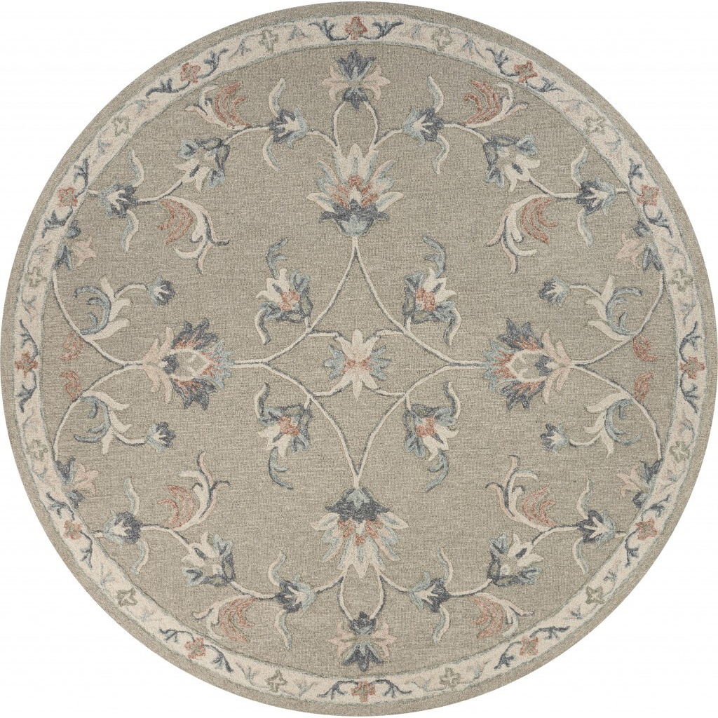 7 Round Sage And Cream Filigree Area Rug