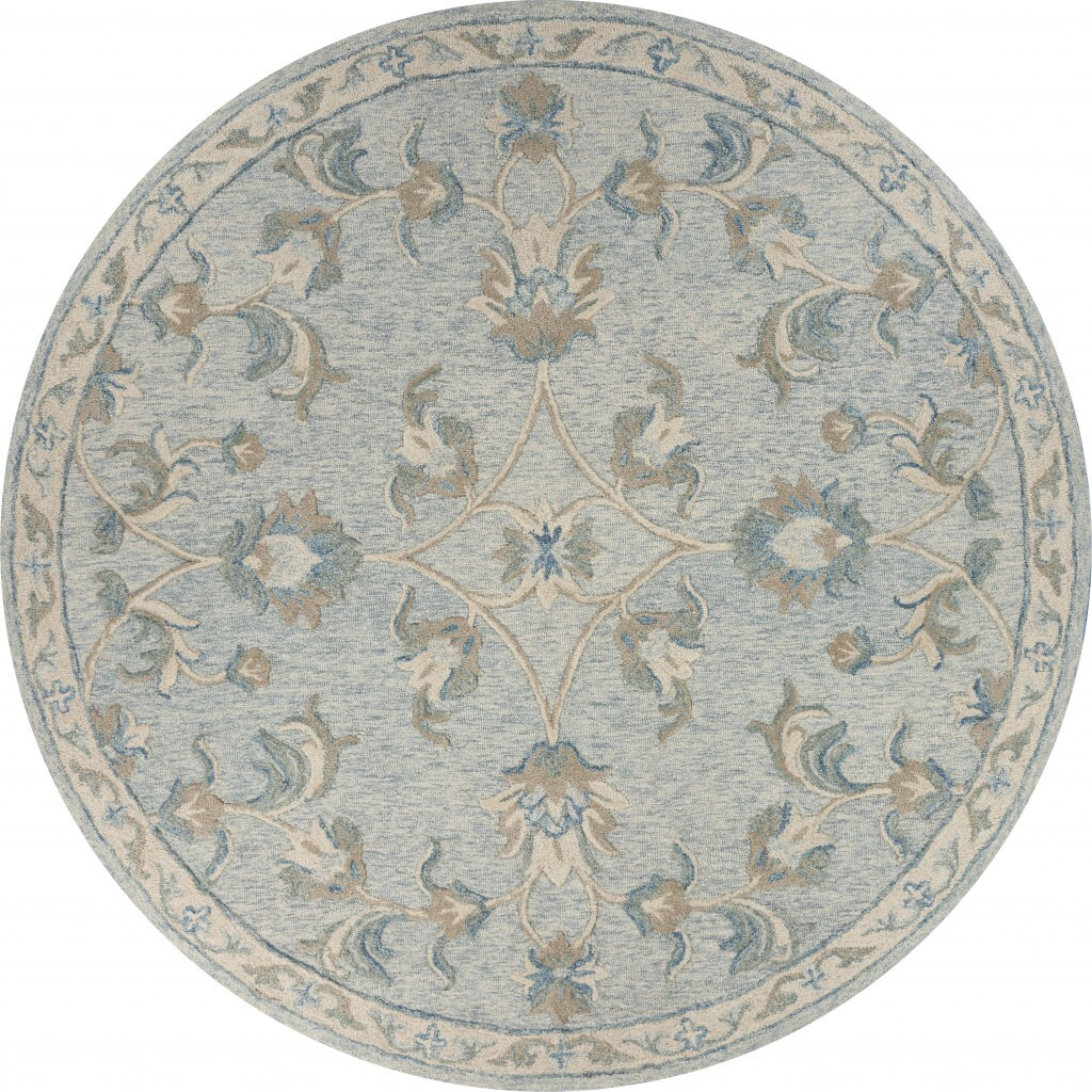 5 Round Blue And Cream Filigree Area Rug