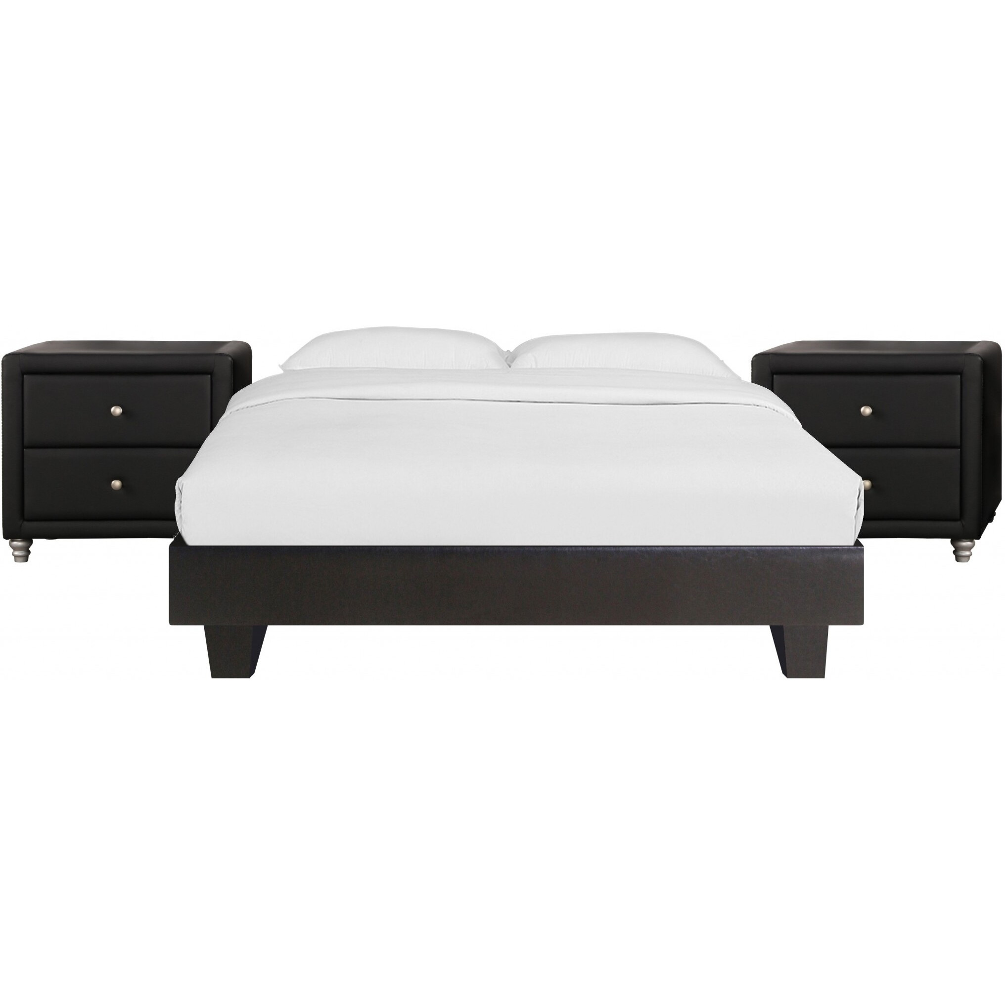 Black Platform Queen Bed With Two Nightstands