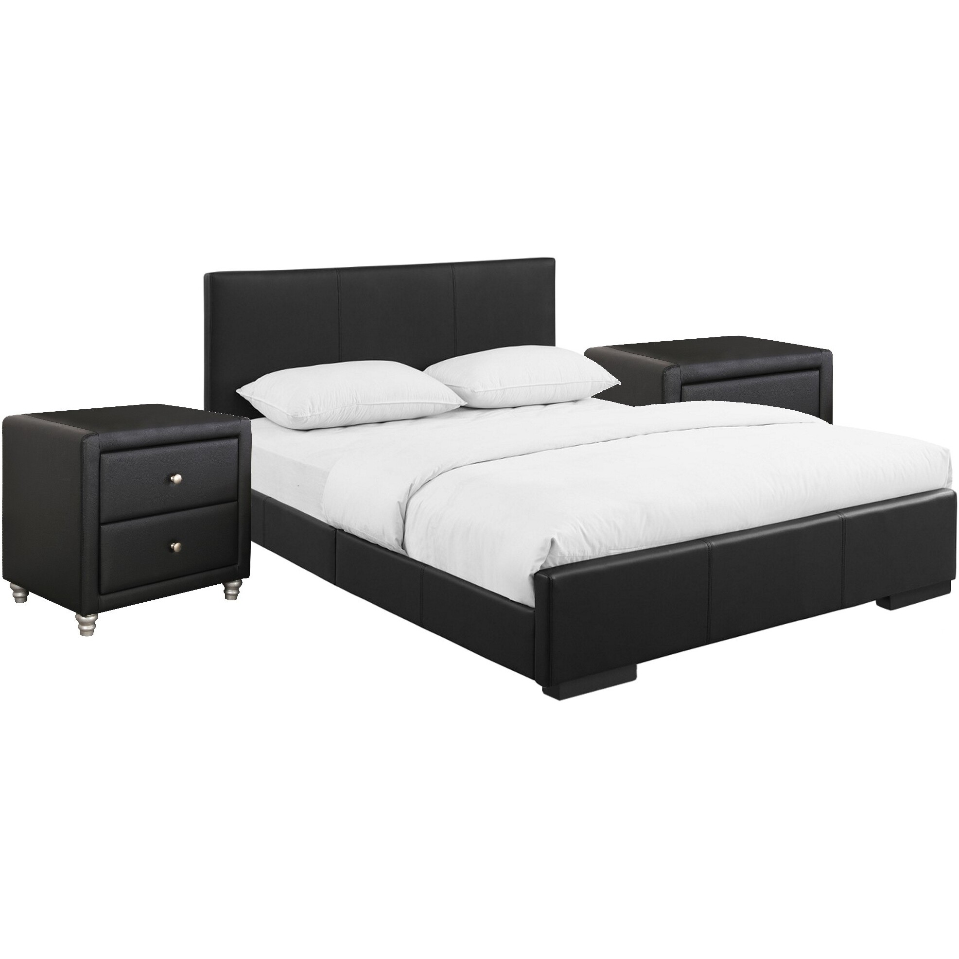Black Upholstered Platform King Bed With Two Nightstands
