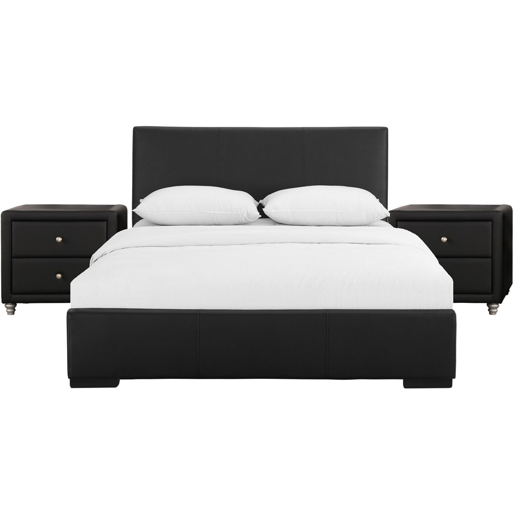 Black Upholstered Platform King Bed With Two Nightstands