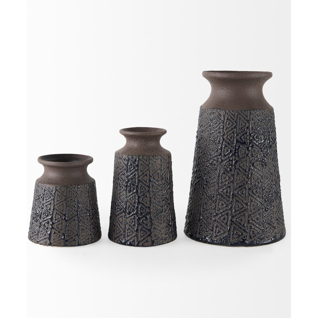 11"" Brown And Blue Tribal Ceramic Vase