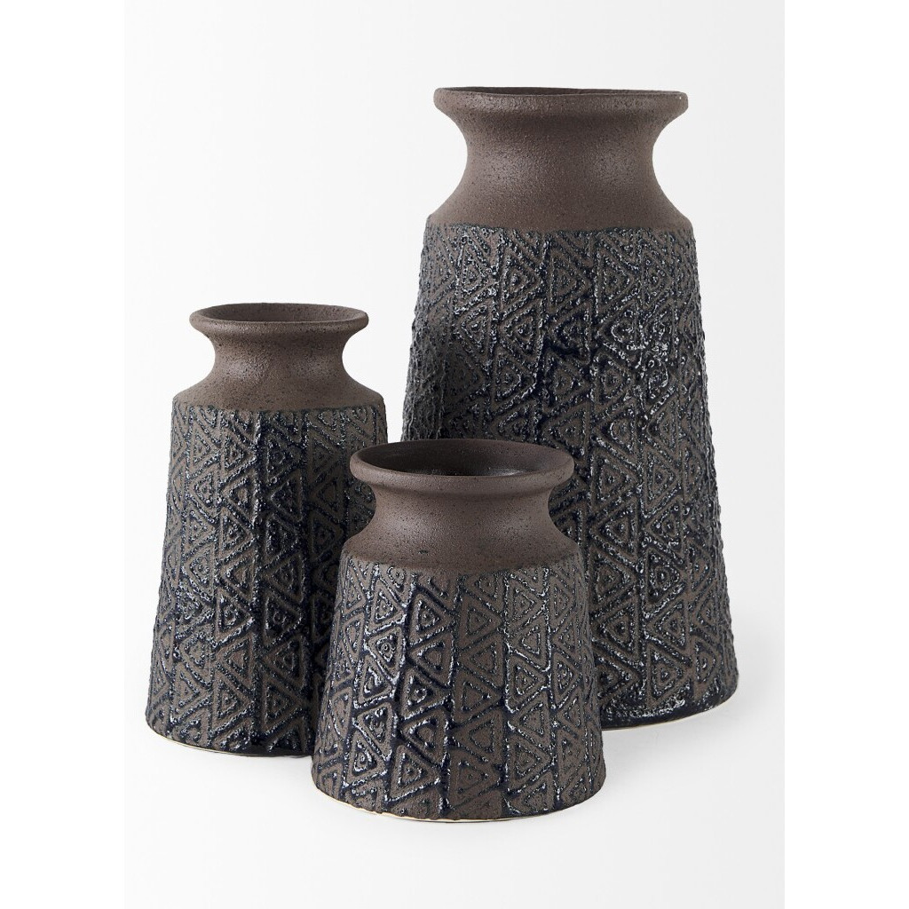 11"" Brown And Blue Tribal Ceramic Vase