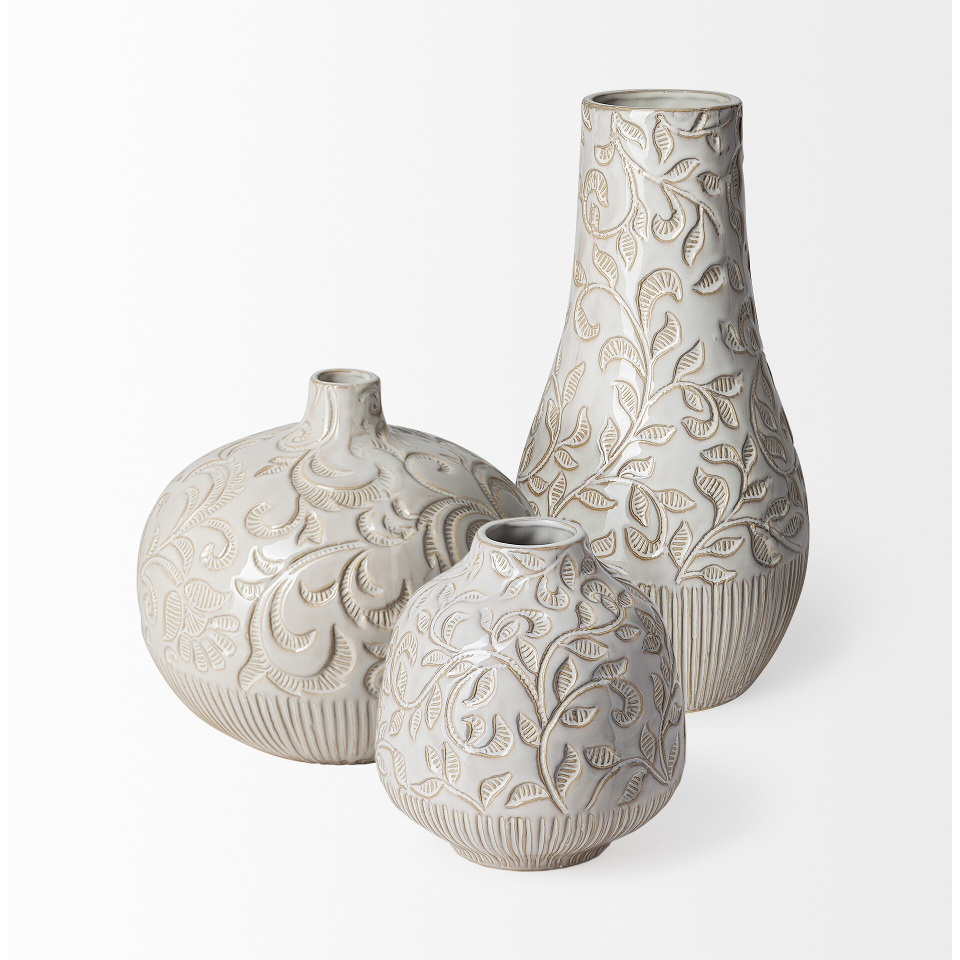 8"" Carved White Ceramic Vase