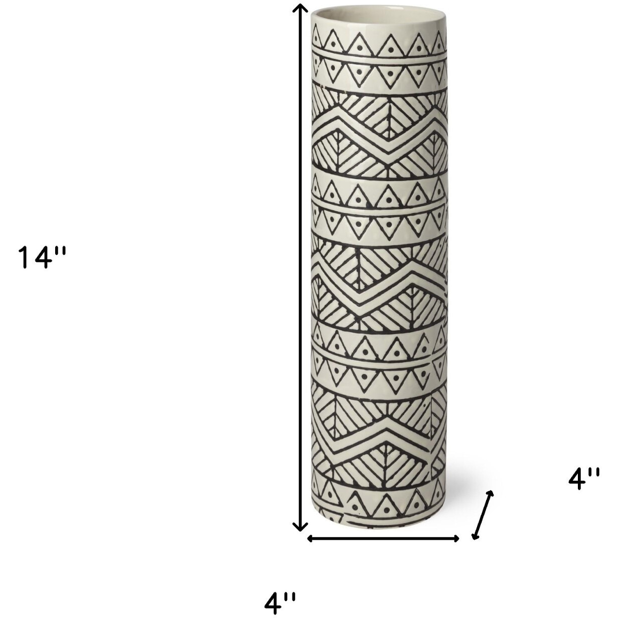 14"" Black And Cream Tribal Geo Ceramic Vase