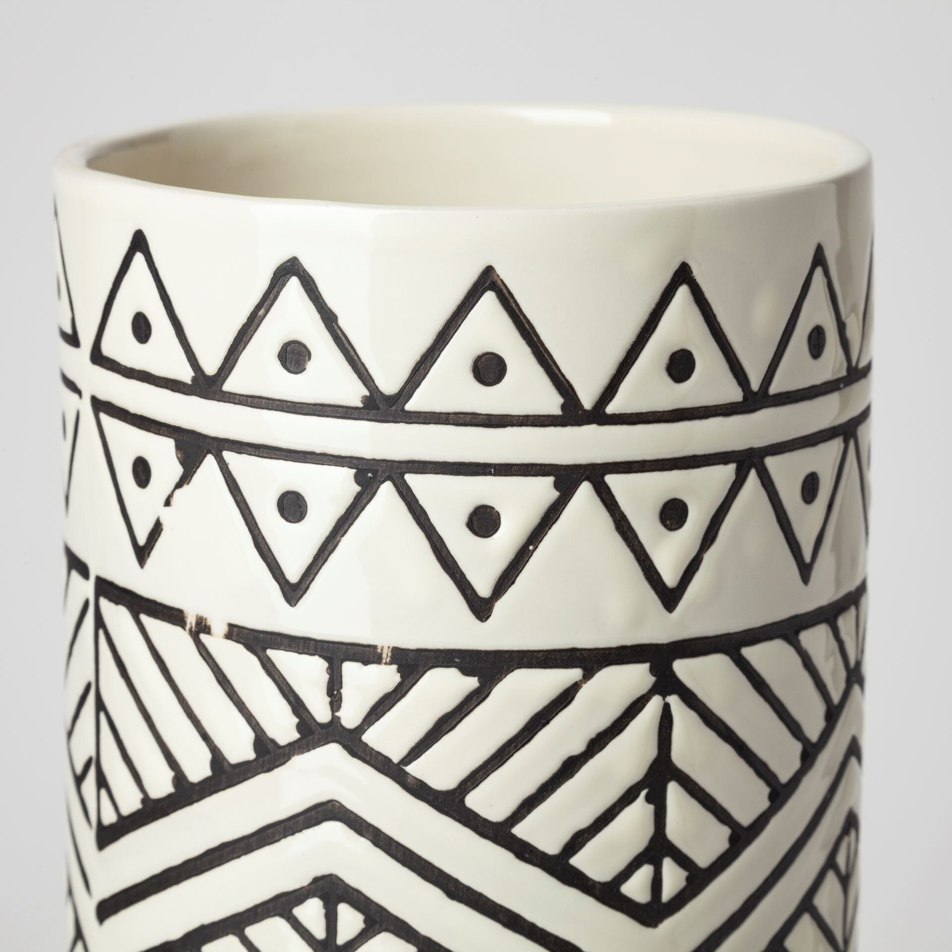 14"" Black And Cream Tribal Geo Ceramic Vase