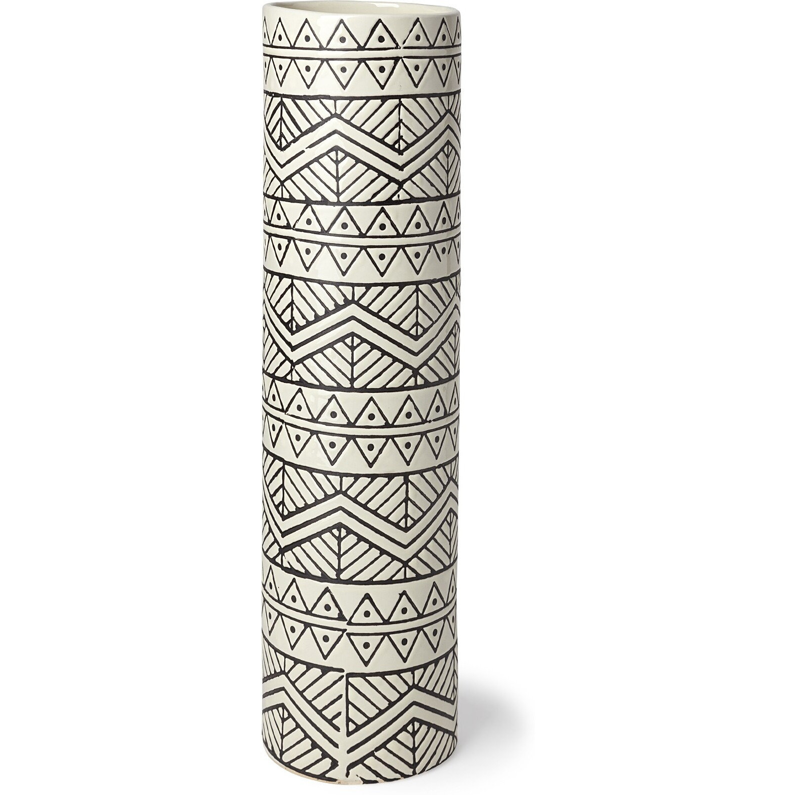 17"" Black And Cream Tribal Geo Ceramic Vase