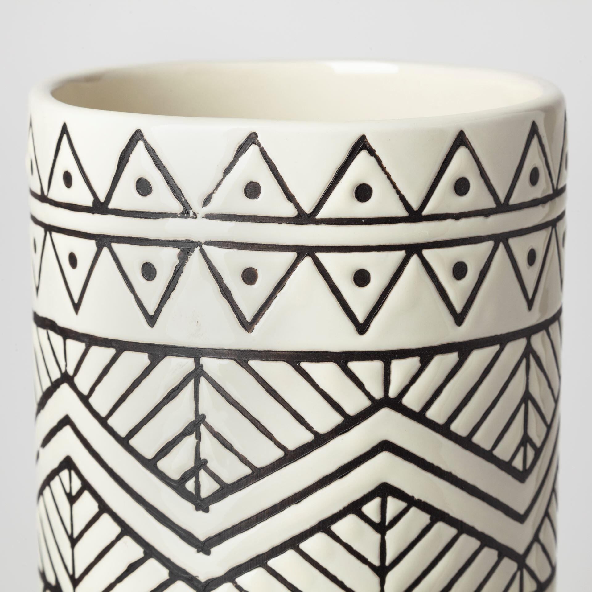 17"" Black And Cream Tribal Geo Ceramic Vase