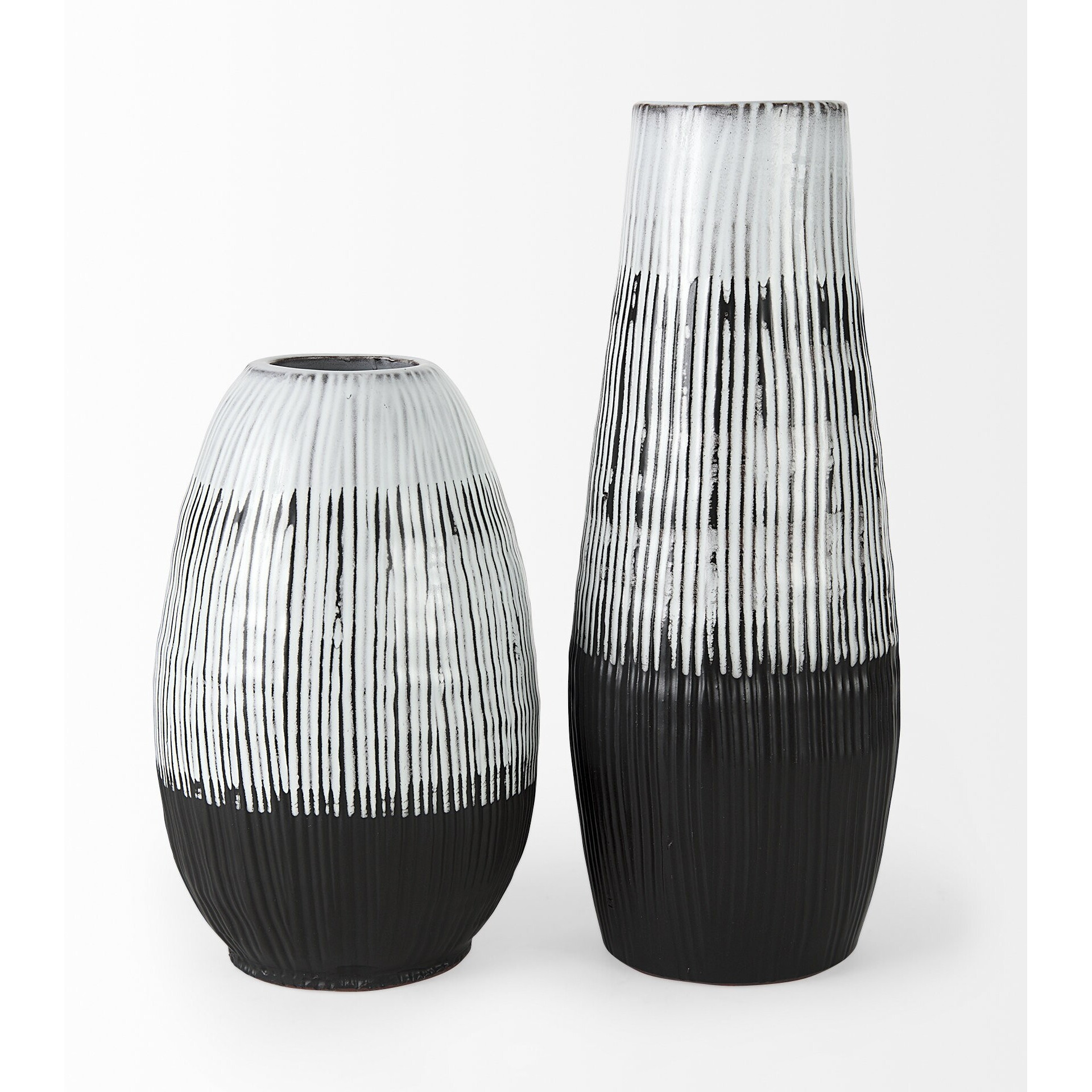 19"" Black White And Gray Patterned Lines Ceramic Vase