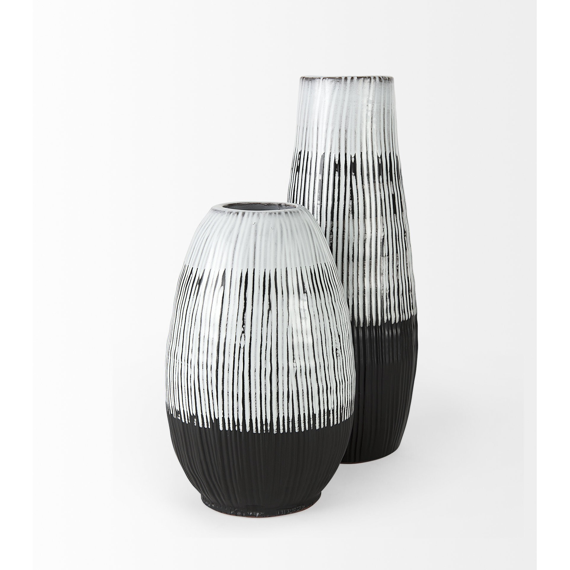 19"" Black White And Gray Patterned Lines Ceramic Vase