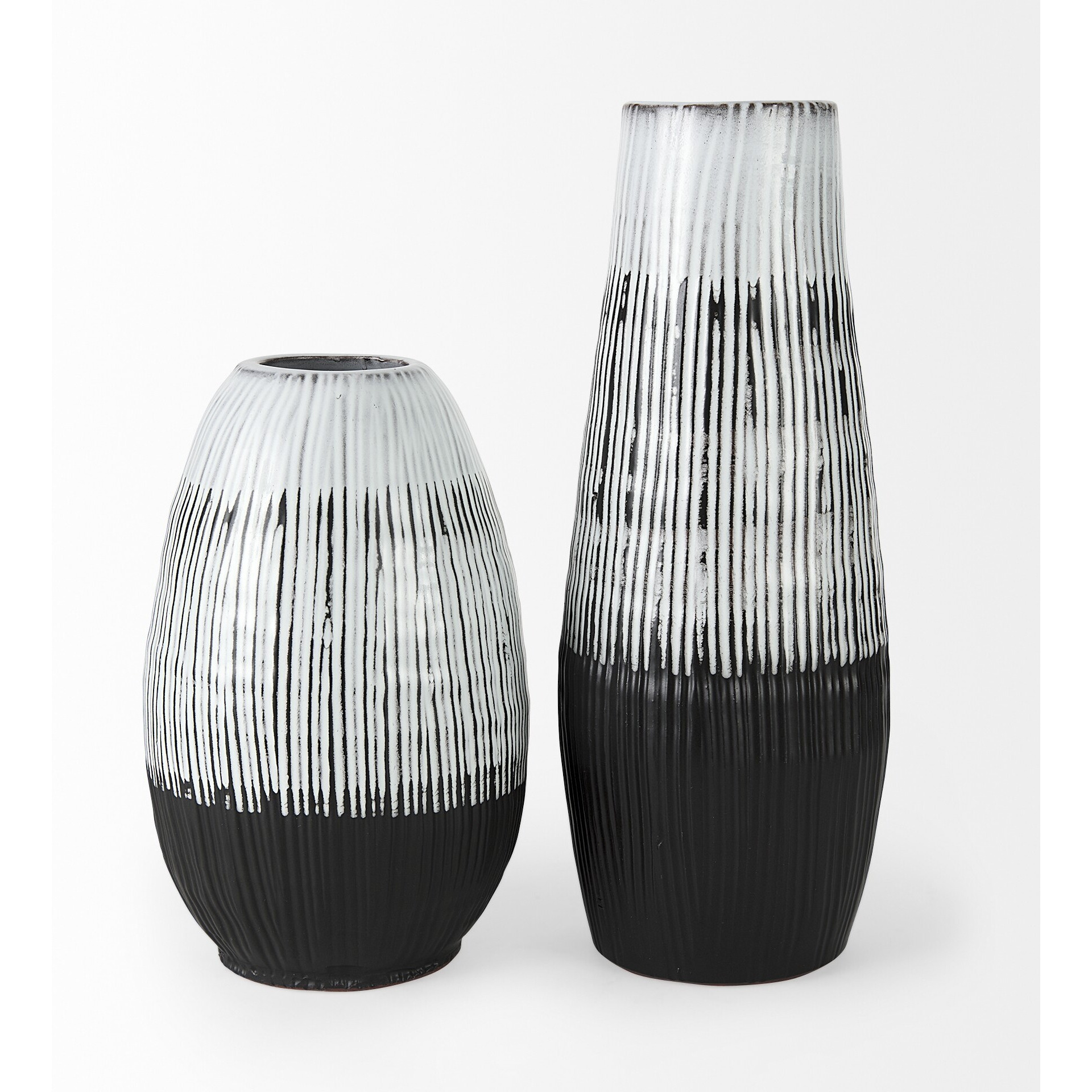 13"" Black White And Gray Patterned Lines Ceramic Vase