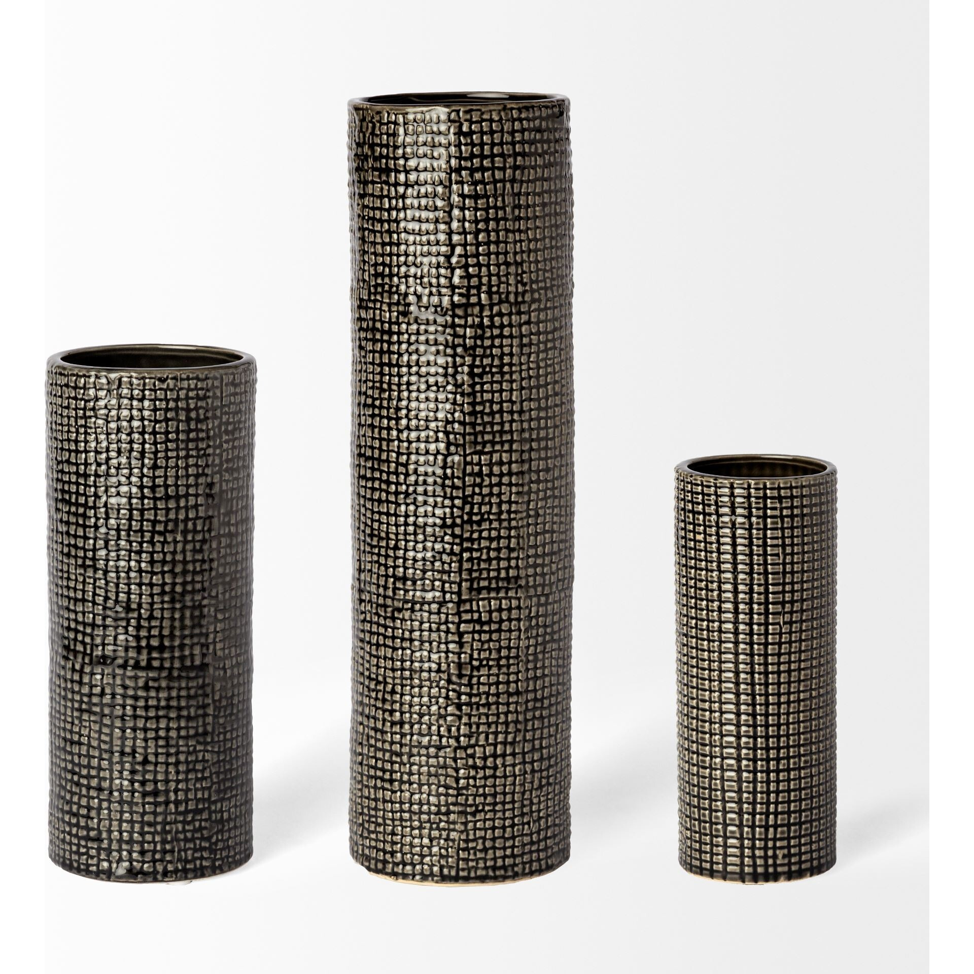 10"" Black And Gold Check Tall Ceramic Vase