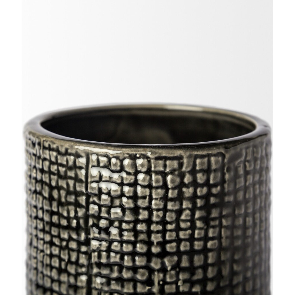 10"" Black And Gold Check Tall Ceramic Vase
