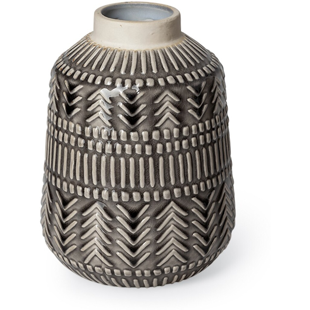 8"" Black And Cream Organic Glaze Chevron Embossed Ceramic Vase