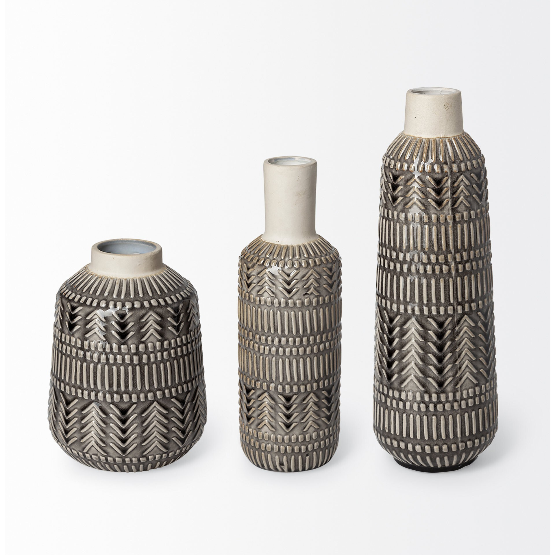 8"" Black And Cream Organic Glaze Chevron Embossed Ceramic Vase