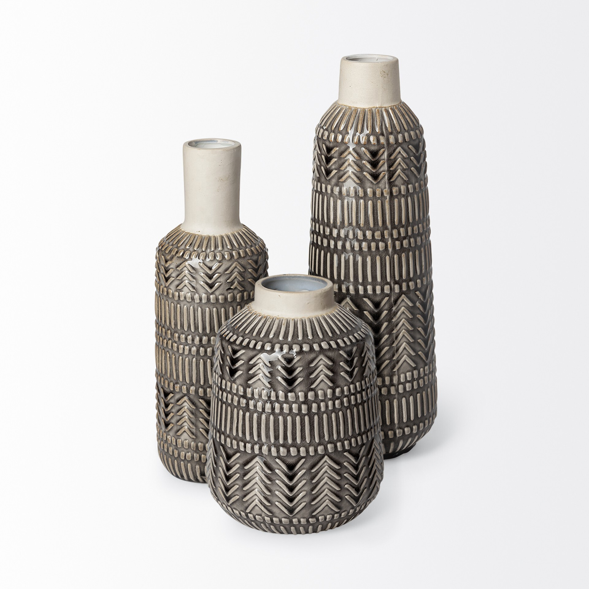 8"" Black And Cream Organic Glaze Chevron Embossed Ceramic Vase